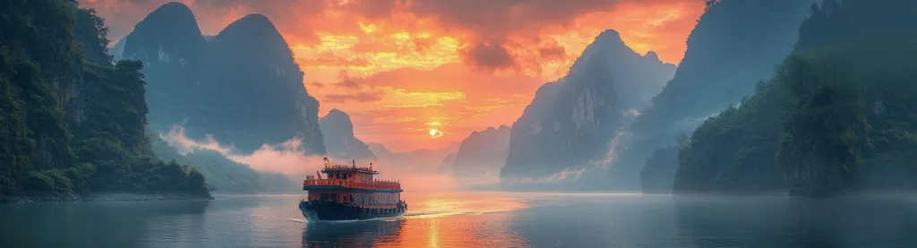 Barco navegando entre montañas por el río Yangtsé al atardecer, China