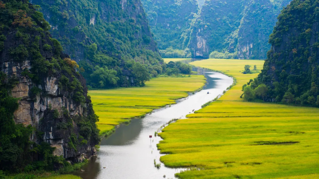 Río entre arrozales y montañas de piedra caliza en Ninh Binh, Vietnam